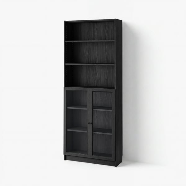 BILLY / OXBERG Bookcase with doors, black oak effect/clear glass, 80x30x202 cm