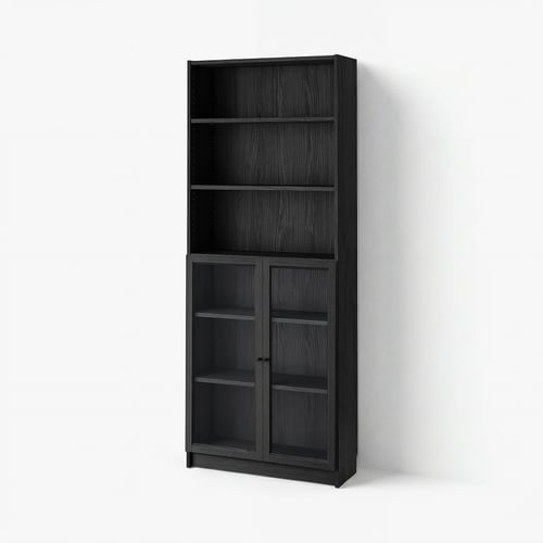 BILLY / OXBERG Bookcase with doors, black oak effect/clear glass, 80x30x202 cm