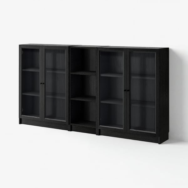 BILLY / OXBERG Bookcase with doors, black oak effect/clear glass, 200x30x106 cm