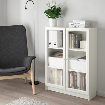 BILLY / OXBERG Bookcase with doors, white/clear glass, 80x30x106 cm