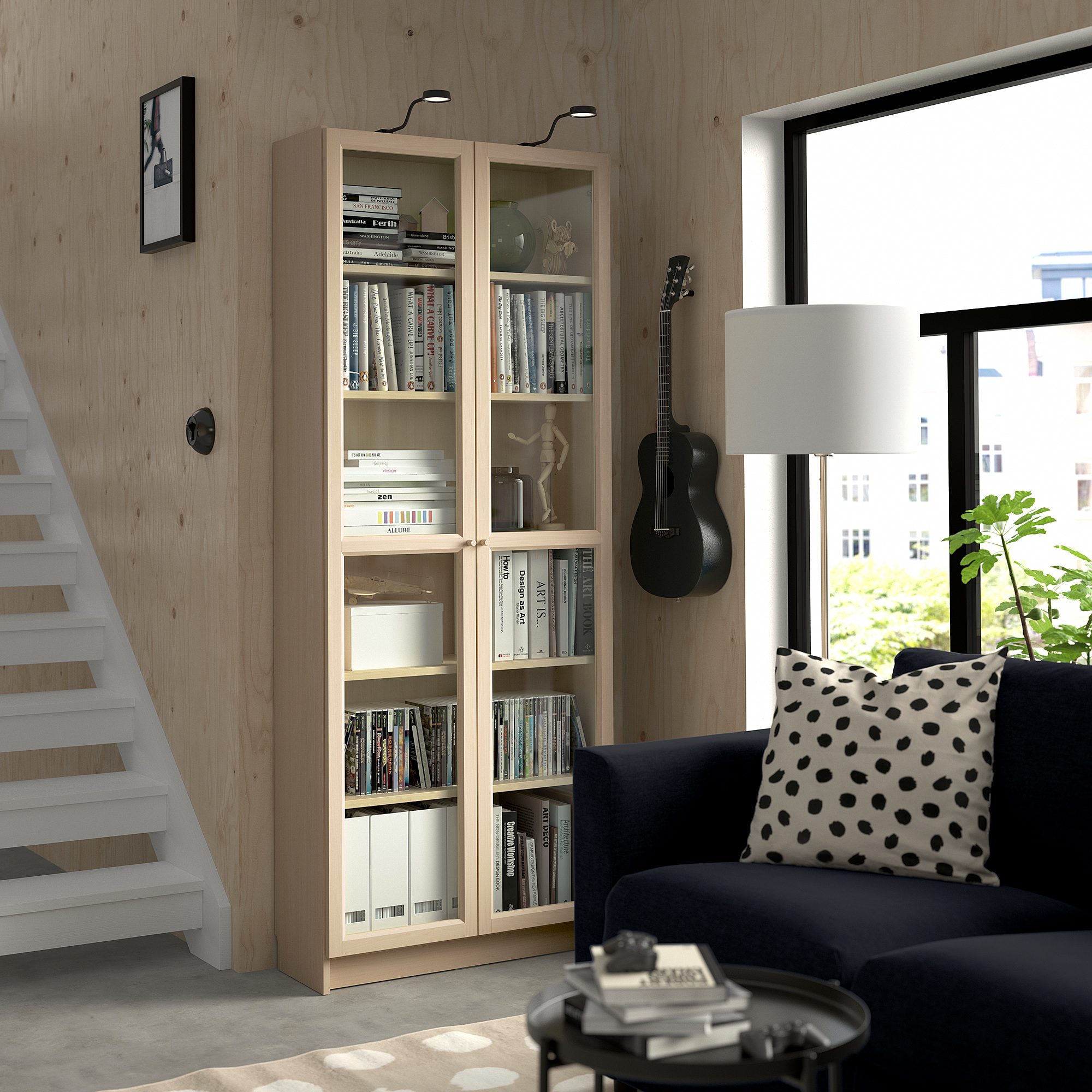 BILLY / OXBERG Bookcase with glass doors, birch effect, 80x30x202 cm