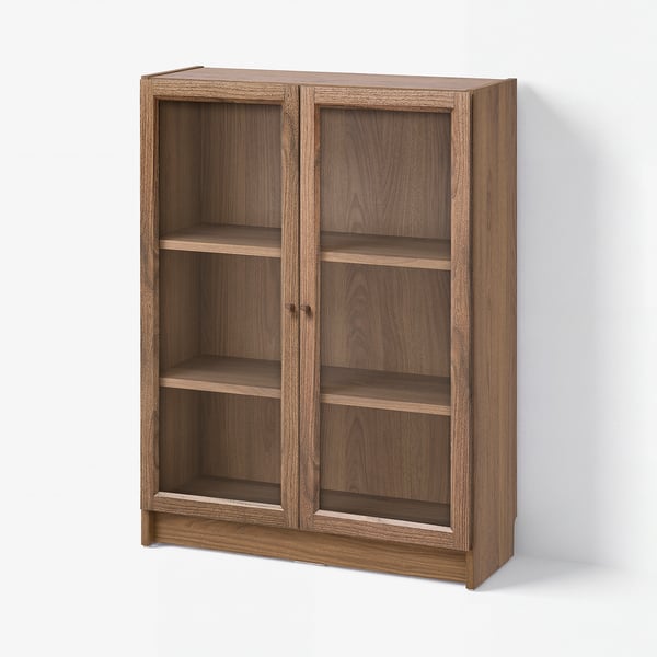 BILLY / OXBERG Bookcase with glass doors, brown/walnut effect, 80x30x106 cm