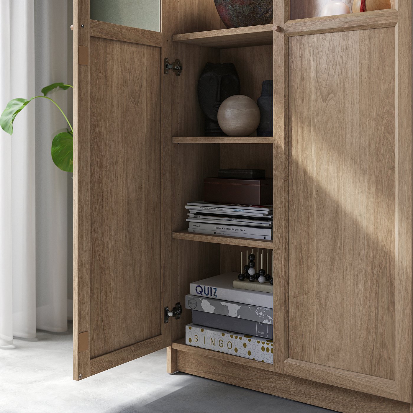 BILLY / OXBERG bookcase with panel/glass doors, oak effect