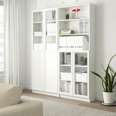 BILLY / OXBERG Bookcase with panel/glass doors, white, 160x30x202 cm