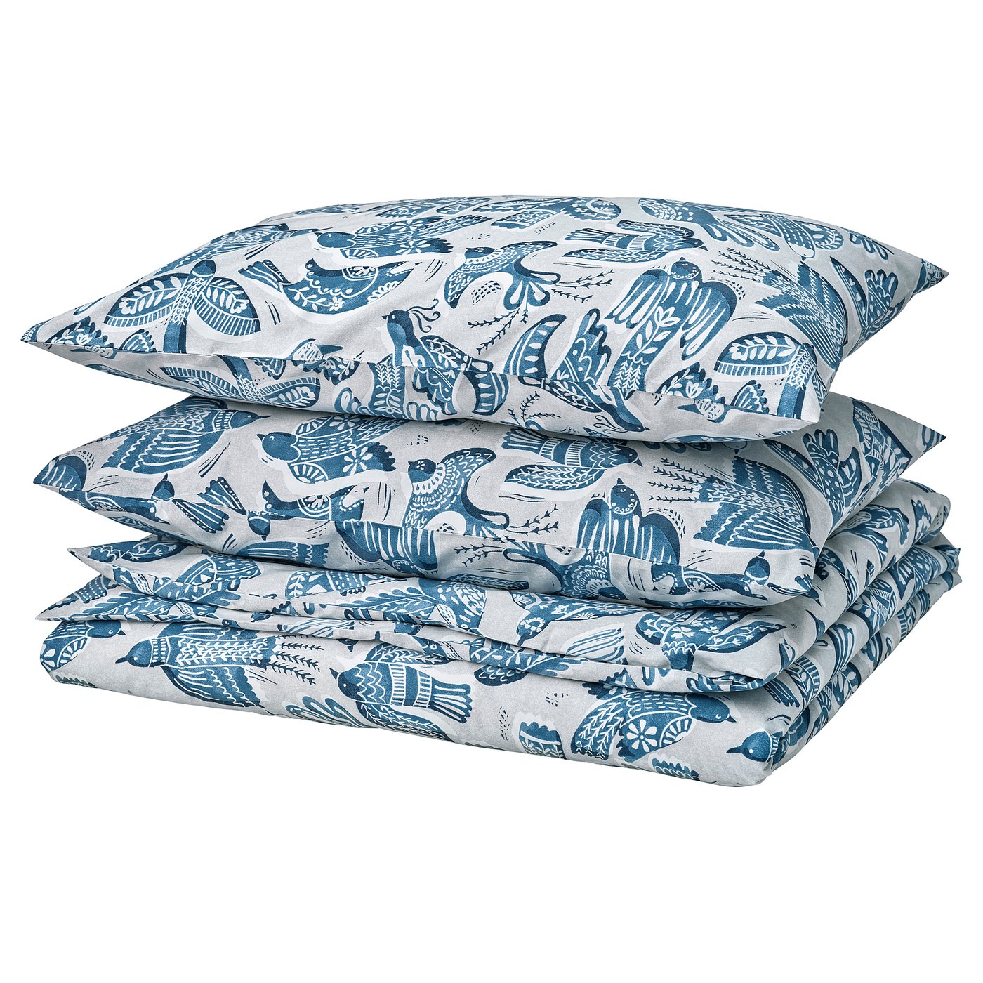 BITTERSÖTA duvet set with blue bird print, folded square, soft material.