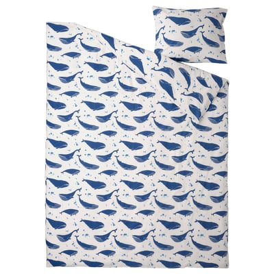 BLÅVINGAD Duvet cover and pillowcase, whale pattern blue/white, 150x200/50x80 cm