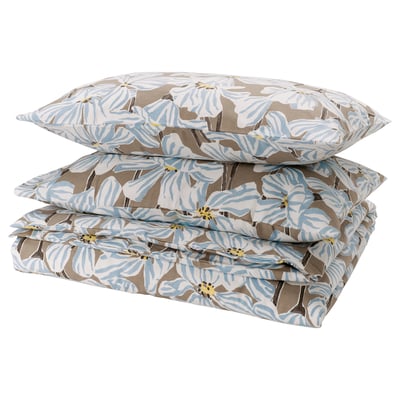 BÖNTRÄD Duvet cover and 2 pillowcases, dark beige/floral pattern flannel, 240x220/50x80 cm