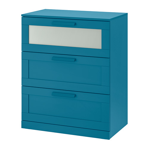 BRIMNES Chest of 3 drawers - dark green-blue/frosted glass ...