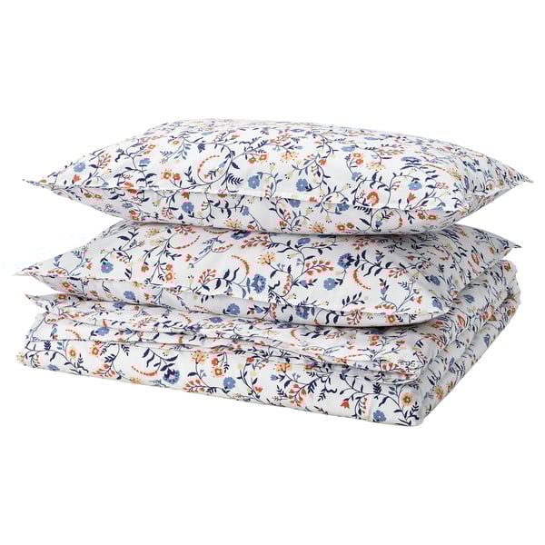 BRUDKRUSBÄR Duvet cover and 2 pillowcases, white multicolour/floral pattern, 200x230/50x80 cm