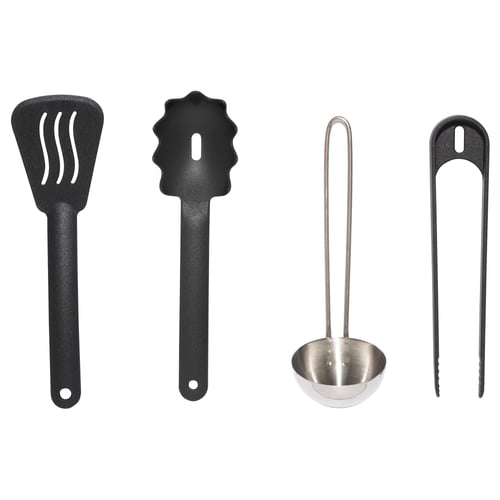 Four kitchen utensils for kids: black slotted spoon, ladle, tongs, and spatula in black and stainless steel.