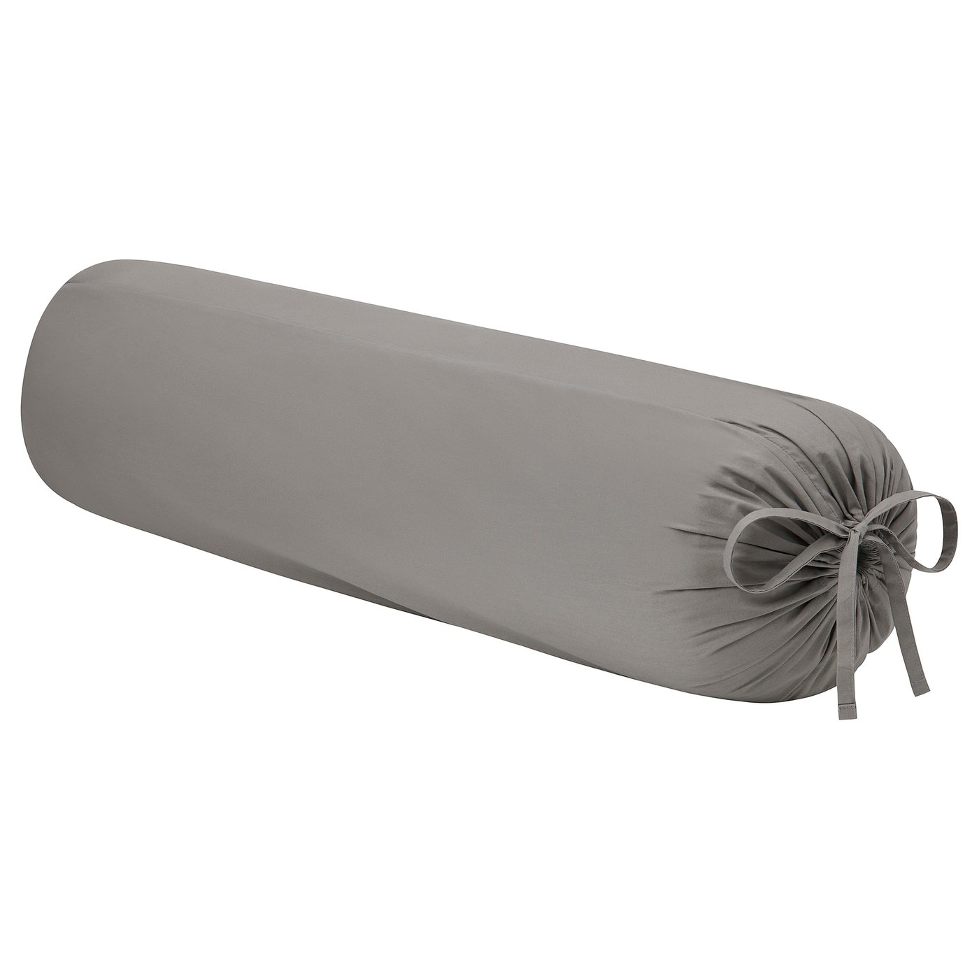Grey cylindrical bolster pillow, soft fabric, tied ends.
