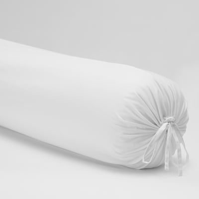 Cylindrical white pillow tied with a bow, made of soft cotton.