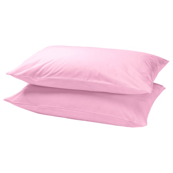Two pink, rectangular DVALA pillowcases stacked neatly, smooth silk-like texture, 100% cotton.