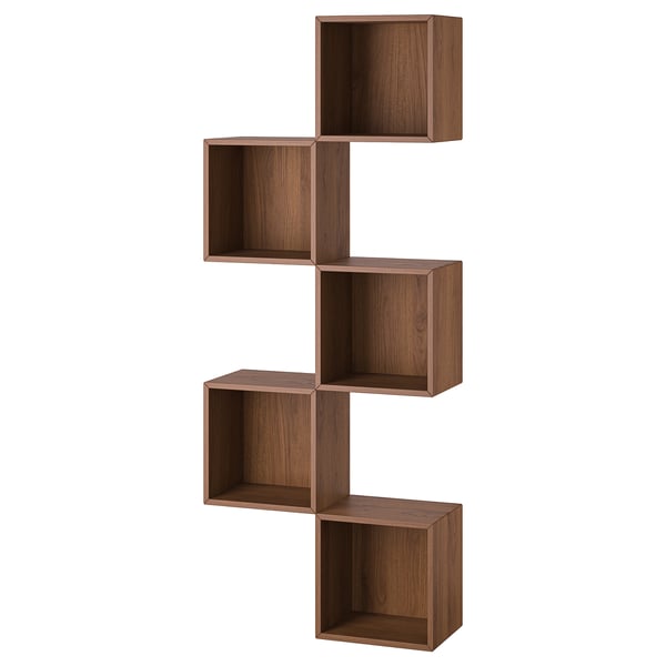 Modern brown wooden zigzag shelf, five cube units, wall-mountable.