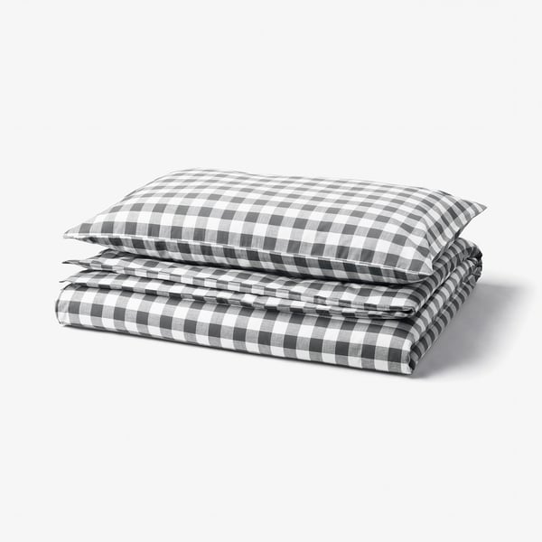 EKTANDVINGE Duvet cover and pillowcase, anthracite white/check, 150x200/50x80 cm