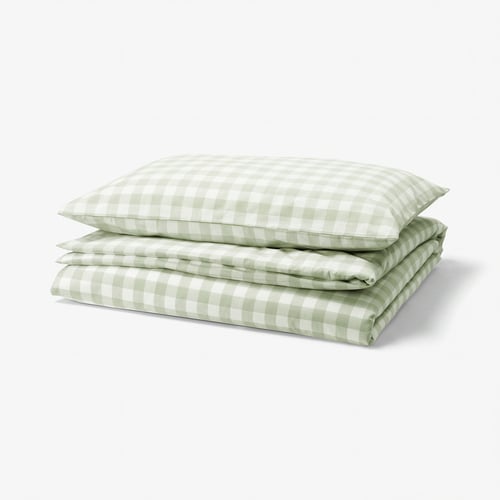 EKTANDVINGE Duvet cover and pillowcase, pale grey-green white/check, 150x200/50x80 cm
