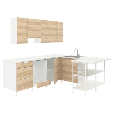 ENHET Corner kitchen, white/oak effect, 222 cm