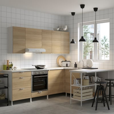 ENHET Corner kitchen, white/oak effect, 222 cm