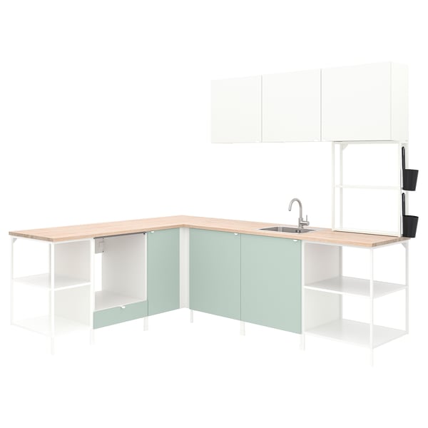 ENHET Corner kitchen, white/pale grey-green white, 226 cm
