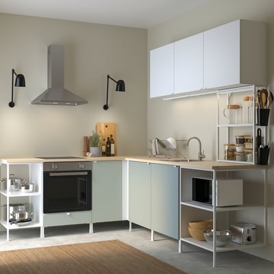 ENHET Corner kitchen, white/pale grey-green white, 226 cm