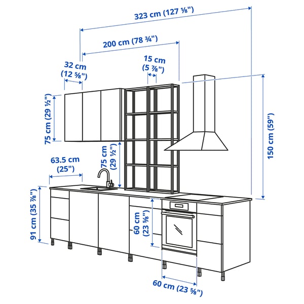 ENHET Kitchen, white/oak effect white, 323x63.5x241 cm