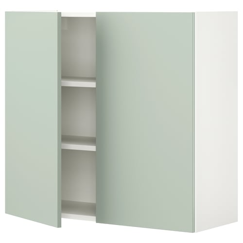 ENHET wall cabinet in pale green with two shelves. Sleek, rectangular design for modern kitchen or bathroom storage.
