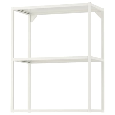 White ENHET shelving unit, minimalist, 2 open shelves, steel frame.