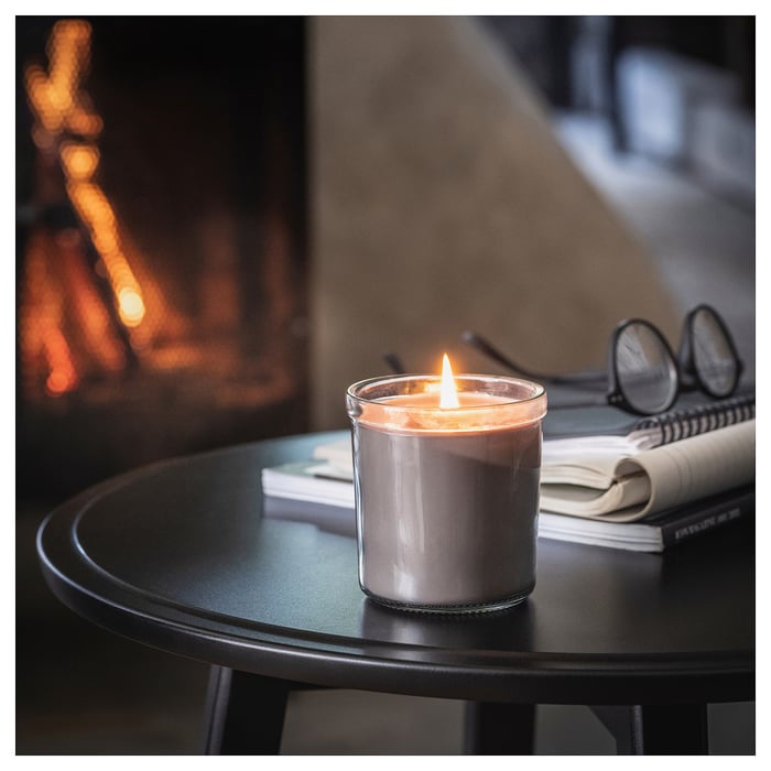 ENSTAKA scented candle in glass, Bonfire/grey, 40 hr IKEA