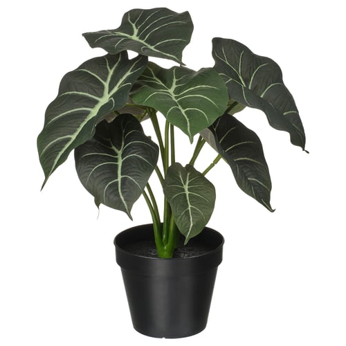 Black-potted artificial green leafy plant, realistically designed with recycled materials.