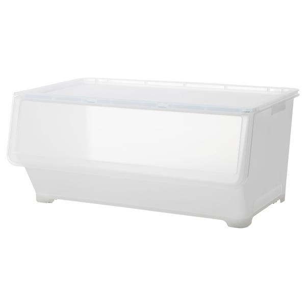 FIRRA, clear plastic storage box with folding lid and wheels for easy access and transport.