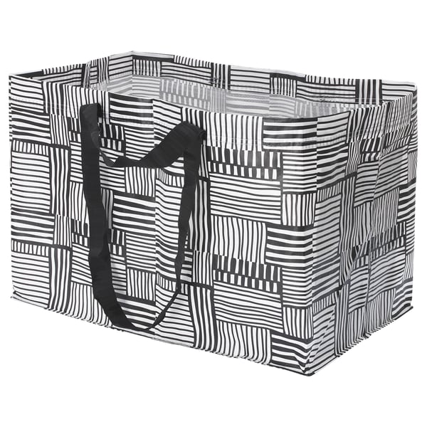 FISSLA bag: black/white stripes, rectangular, durable recycled plastic, two handles.