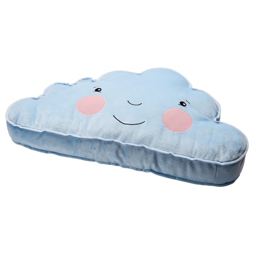 A blue, cloud-shaped pillow named FJÄDERMOLN. It has a friendly face with pink cheeks, made from recycled polyester. Perfect for cuddling.