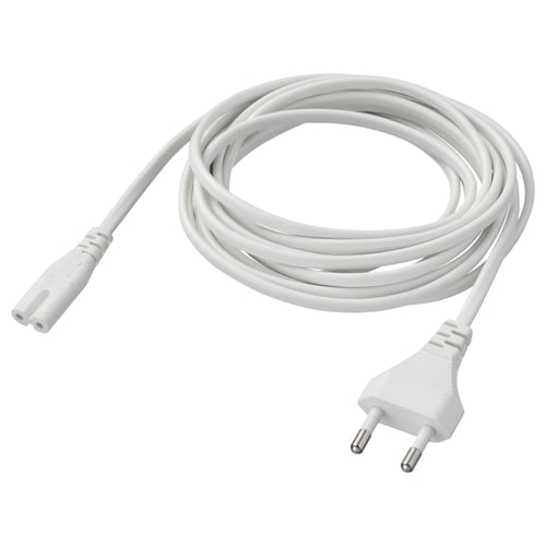 A white FÖRNIMMA power cord for connecting lamps. It a european plug and a flat connector, made of pvc plastic.