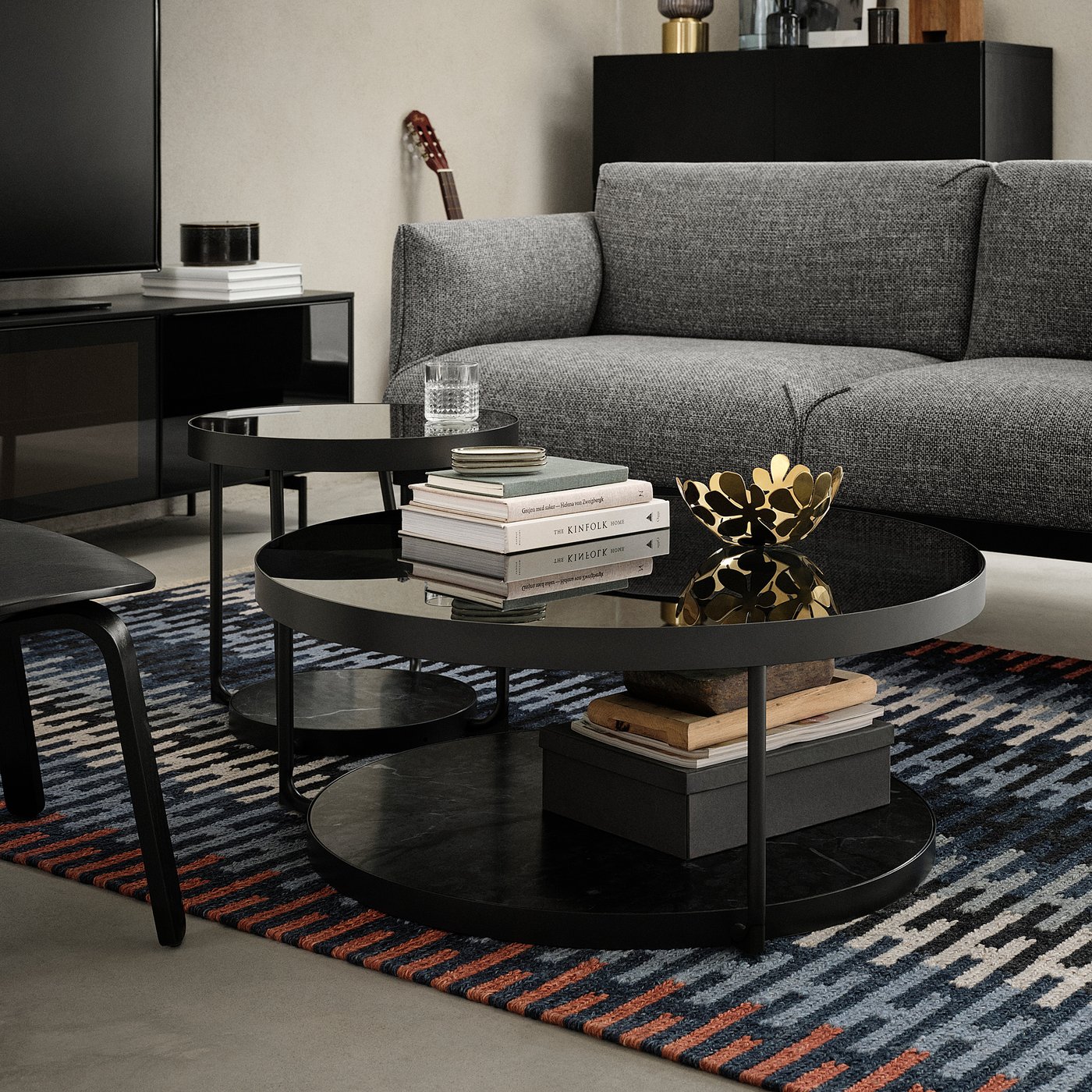 FRÖTORP coffee table, anthracite marble effect/black glass, 88 cm