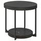 A black, round FRÖTORP side table with a glass top and metal legs. Modern design with a practical display shelf.