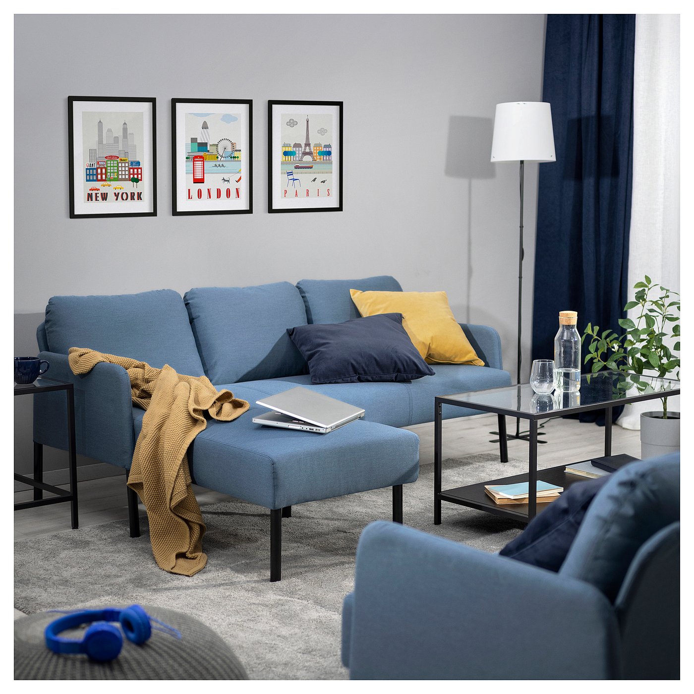 GLOSTAD 3-seat sofa with chaise longue, Knisa medium blue - IKEA