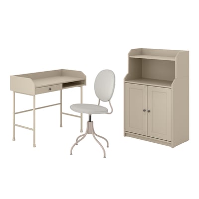 HAUGA/BJÖRKBERGET Desk and storage combination, and swivel chair beige