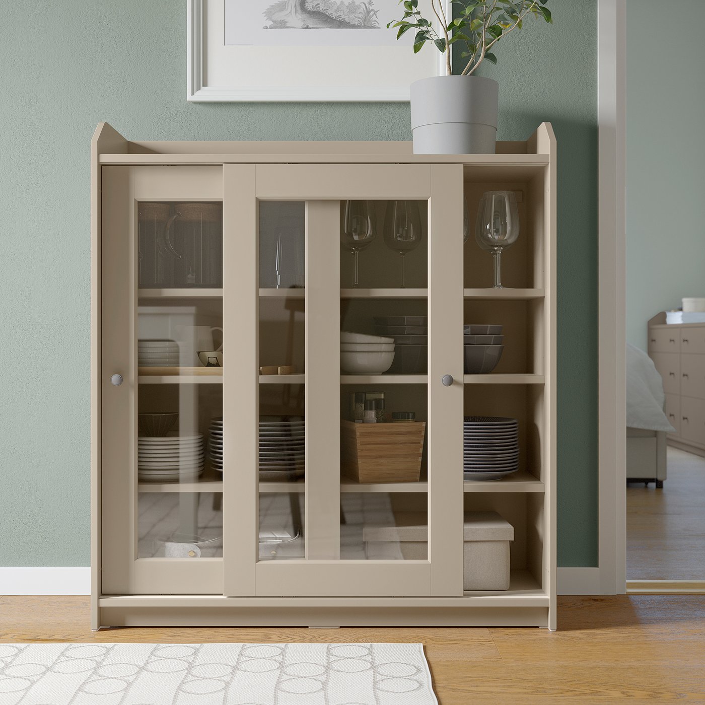 HAUGA glass-door cabinet, beige, 105x116 cm - IKEA