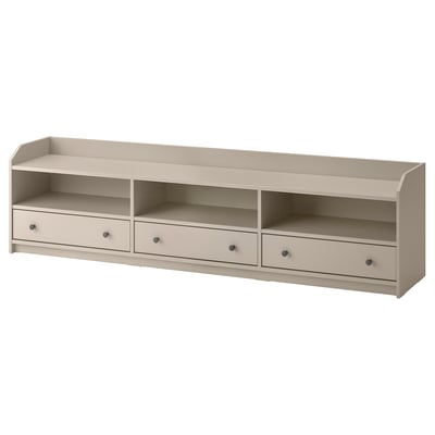 Hågua tv bench, beige. Three drawers, wide, wall-safe design.