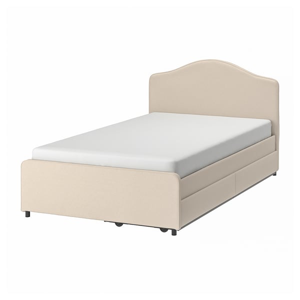 hauga upholstered bed 2 storage boxes lofallet beige ikea