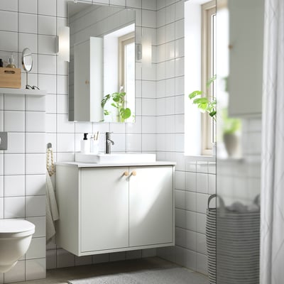 HAVBÄCK / ORRSJÖN Wash-stnd w doors/wash-basin, white/white marble effect, 82x49x71 cm