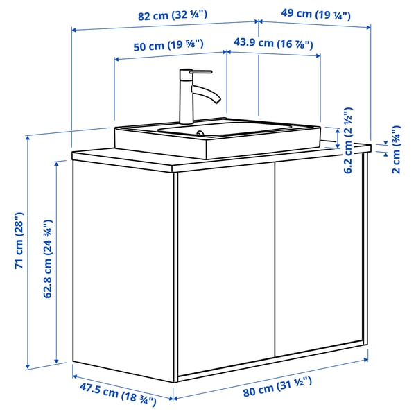 HAVBÄCK / ORRSJÖN Wash-stnd w doors/wash-basin, white/white marble effect, 82x49x71 cm