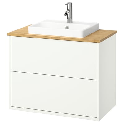 HAVBÄCK white bathroom vanity. Wall-mounted, light wood countertop, rectangular basin, modern design.
