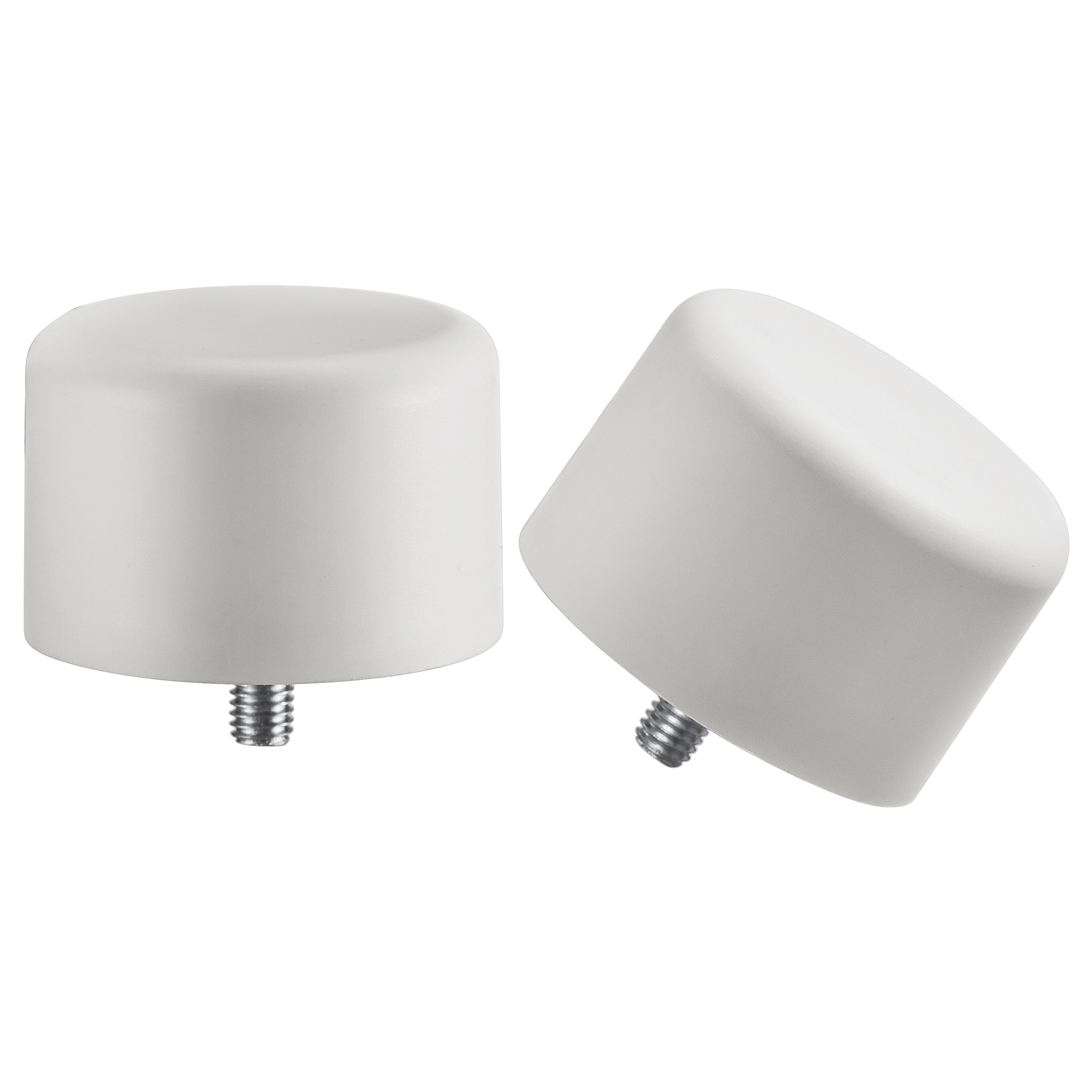 Two white, round, minimalist finials made of recycled plastic with metallic screws.