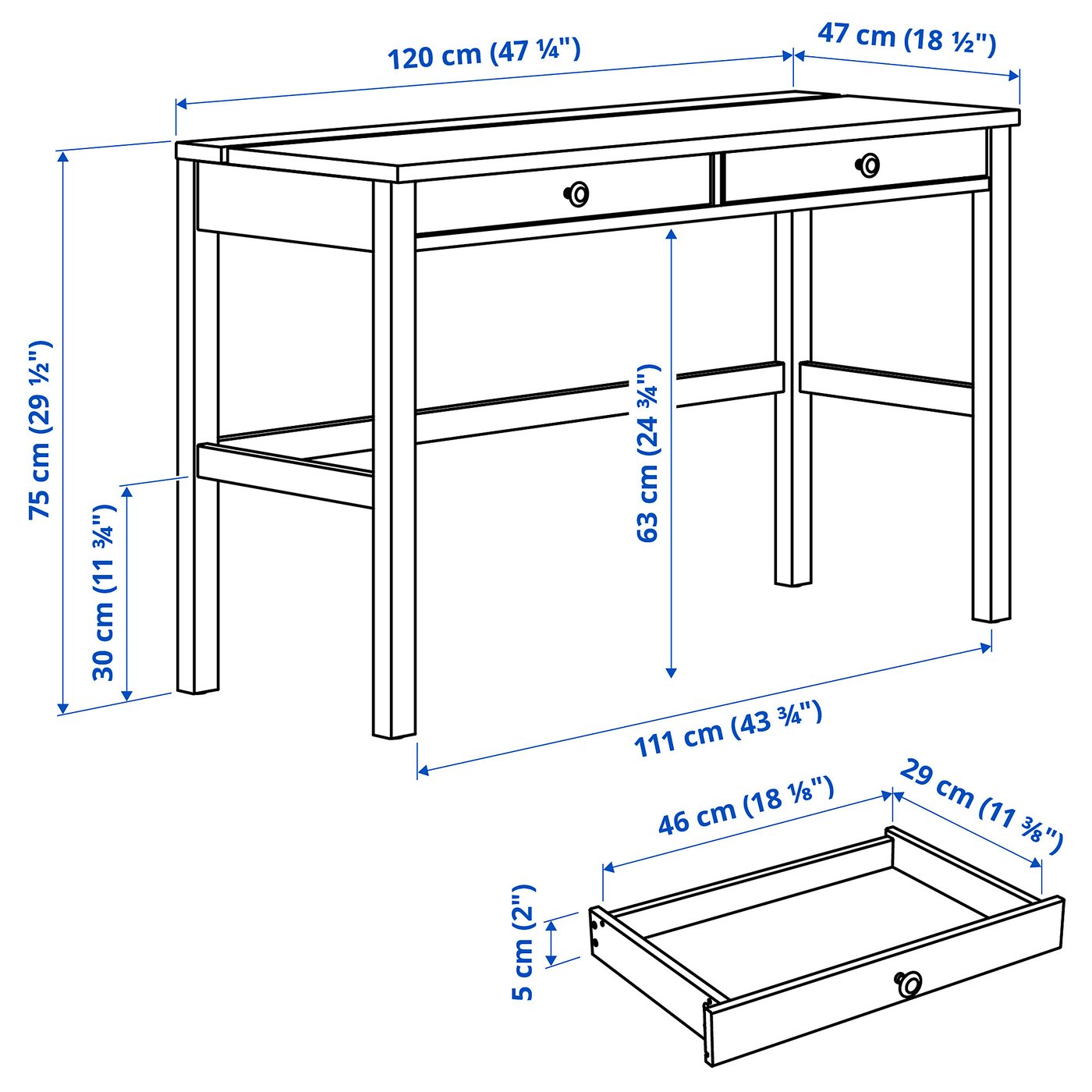 HEMNES desk with 2 drawers, white stain/light brown, 120x47
