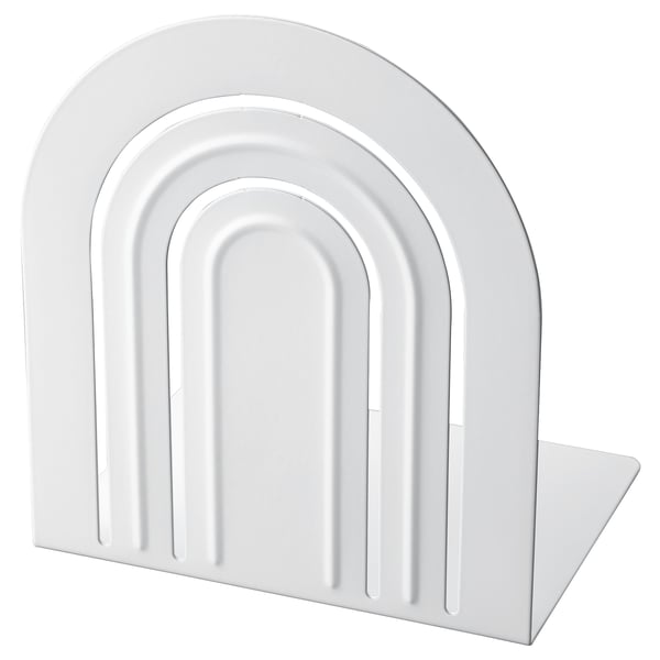 A white HÖSSLA bookend. Its arched, made of epoxy-coated steel, and has vertical grooves on its front.
