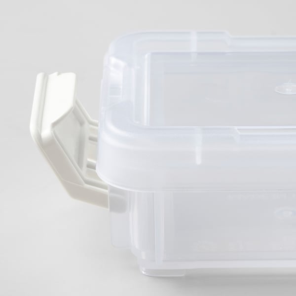 Stackable clear plastic box with snap-on lid, designed for organising small items, shown in pristine condition.