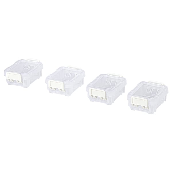Four clear, stackable plastic boxes with snap-on lids, designed for organising small items.