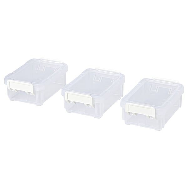 Three transparent stackable storage boxes with snap-on lids, rectangular shape, made of polypropylene plastic. Ideal for organising small items.