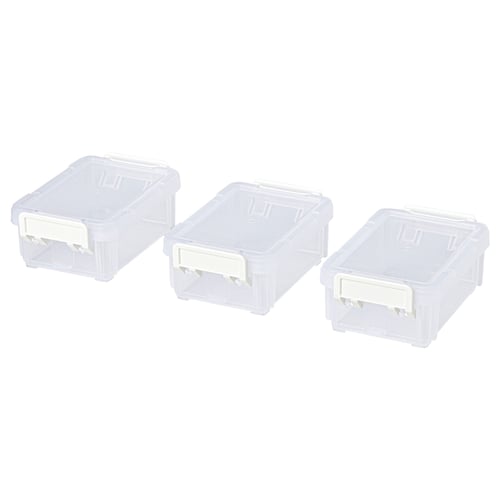 Three transparent stackable storage boxes with snap-on lids, rectangular shape, made of polypropylene plastic. Ideal for organising small items.